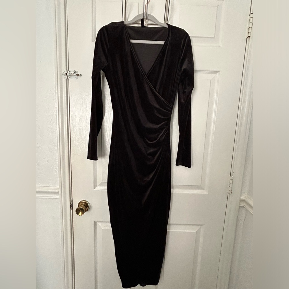 Long-Sleeve Black Velvet Wrap-Effect Midi Dress
